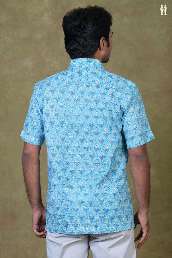 Regular Collar Printed Design Blue Cotton Shirt