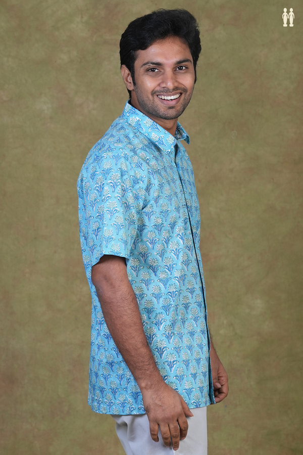 Regular Collar Printed Design Blue Cotton Shirt