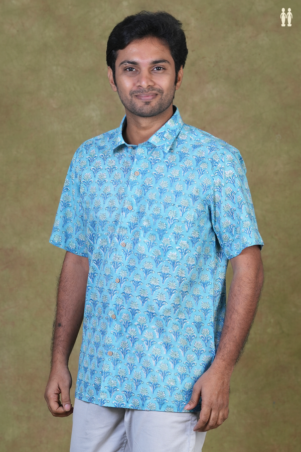 Regular Collar Printed Design Blue Cotton Shirt