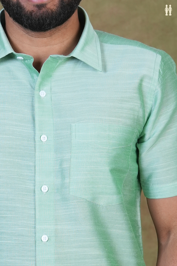 Regular Collar Plain Green Raw Silk Shirt
