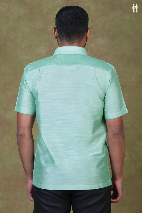 Regular Collar Plain Green Raw Silk Shirt