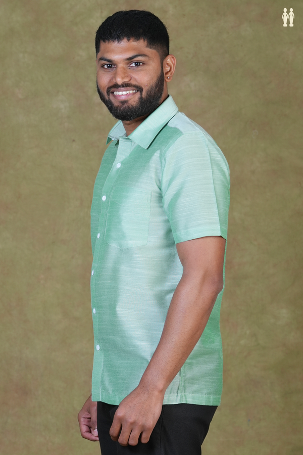 Regular Collar Plain Green Raw Silk Shirt