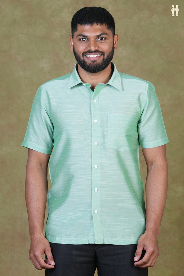 Regular Collar Plain Green Raw Silk Shirt