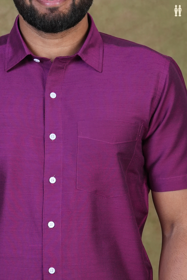 Regular Collar Plain Purple Raw Silk Shirt
