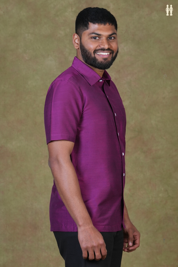 Regular Collar Plain Purple Raw Silk Shirt