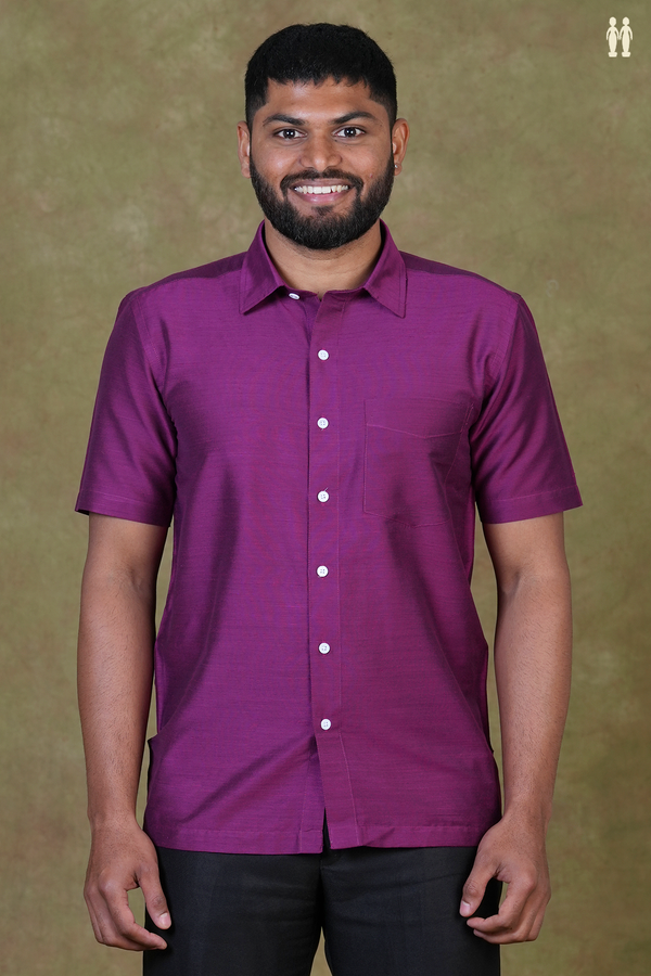 Regular Collar Plain Purple Raw Silk Shirt