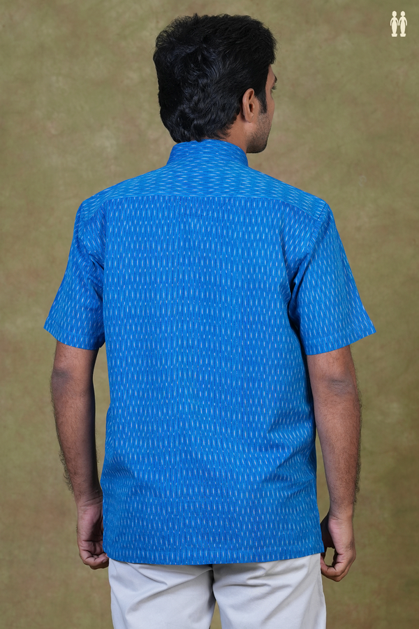 Chinese Collar Ikat Buttas Blue Cotton Shirt