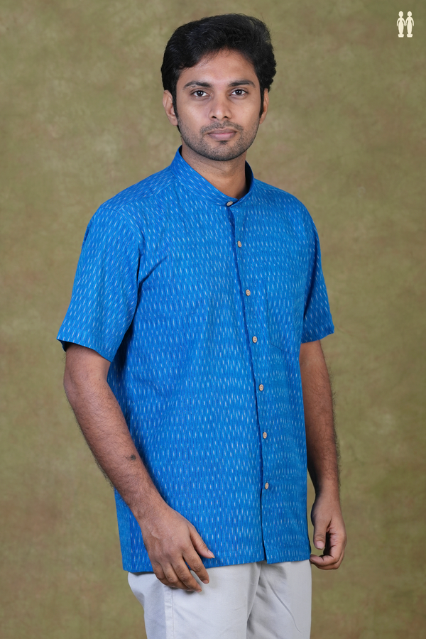 Chinese Collar Ikat Buttas Blue Cotton Shirt