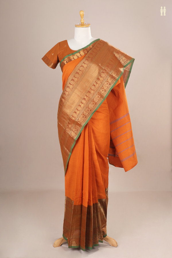 Readymade Cotton Saree In Orange With Traditional Border