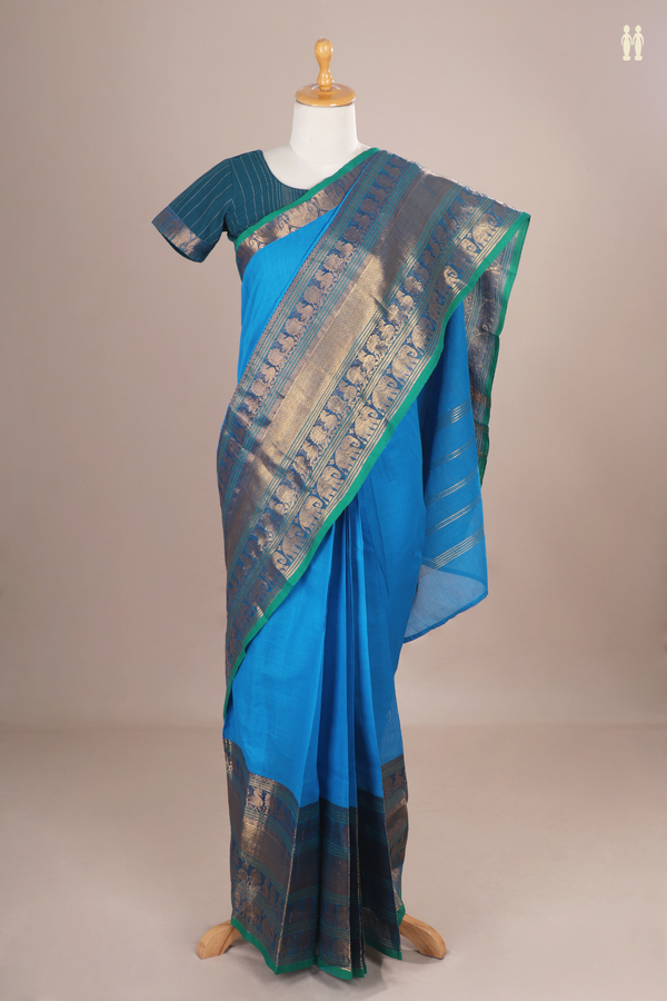 Readymade Cotton Saree In Azure Blue With Traditional Border