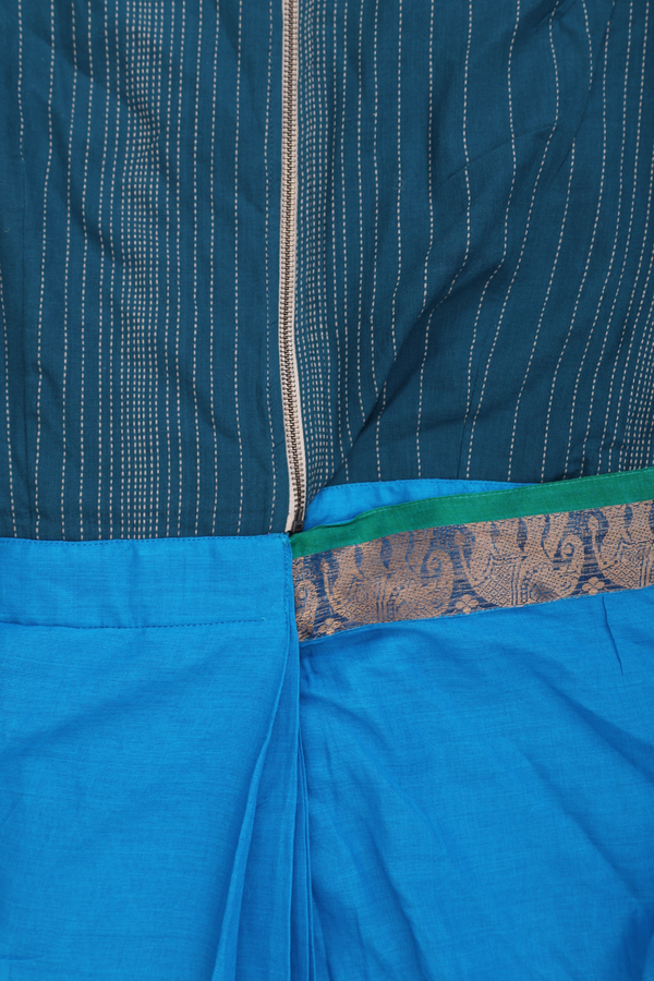 Readymade Cotton Saree In Azure Blue With Traditional Border