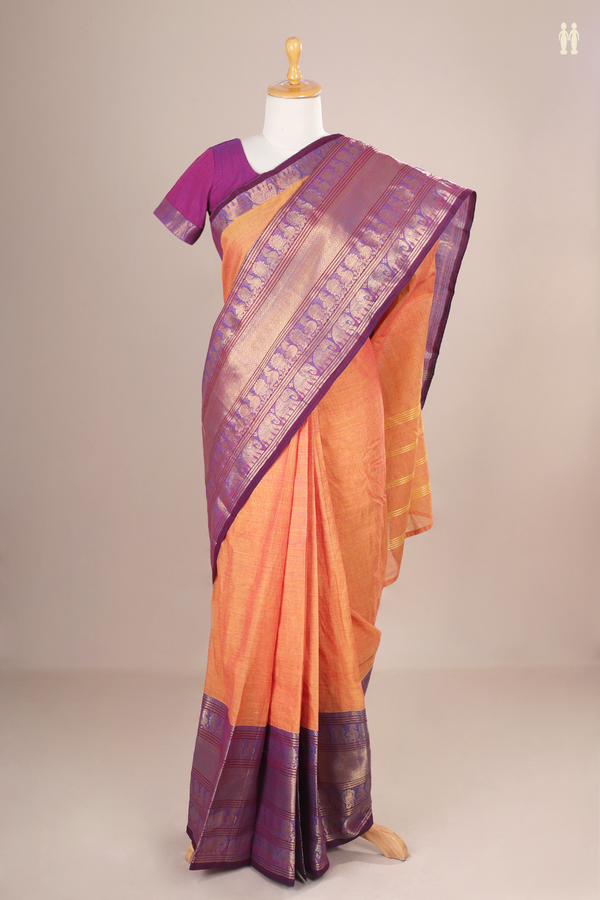Readymade Cotton Saree In Orange With Contrast Zari Border