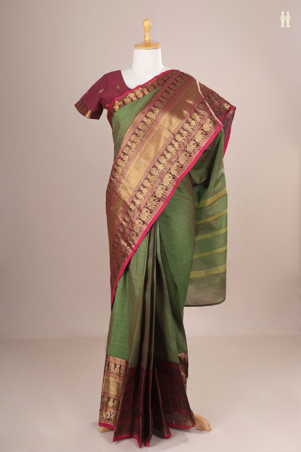 Readymade Cotton Saree In Fern Green With Traditional Border