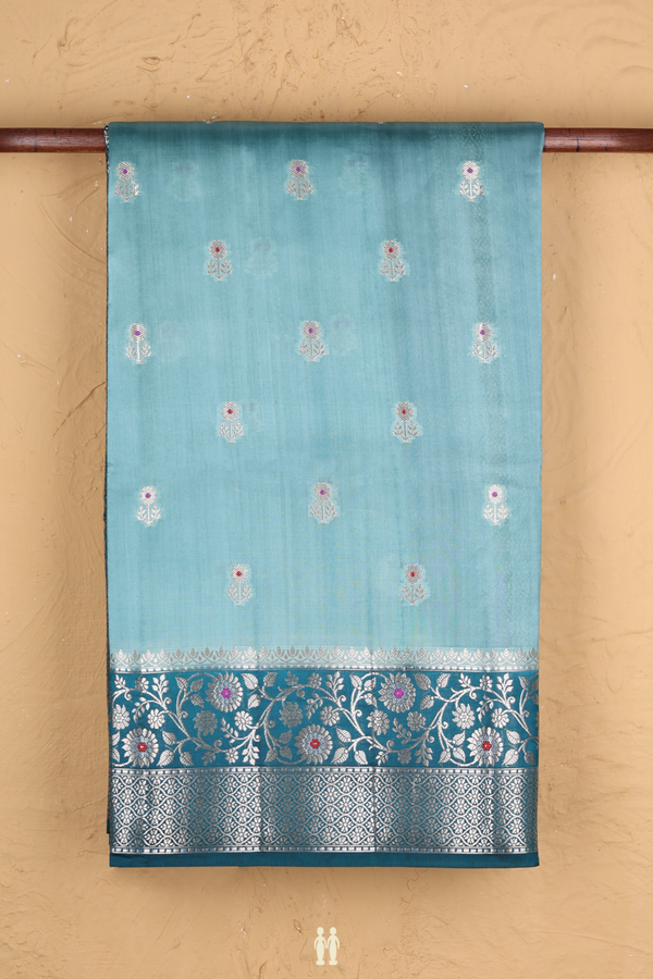 Raw Silk Saree In Beach Blue With Floral Buttas