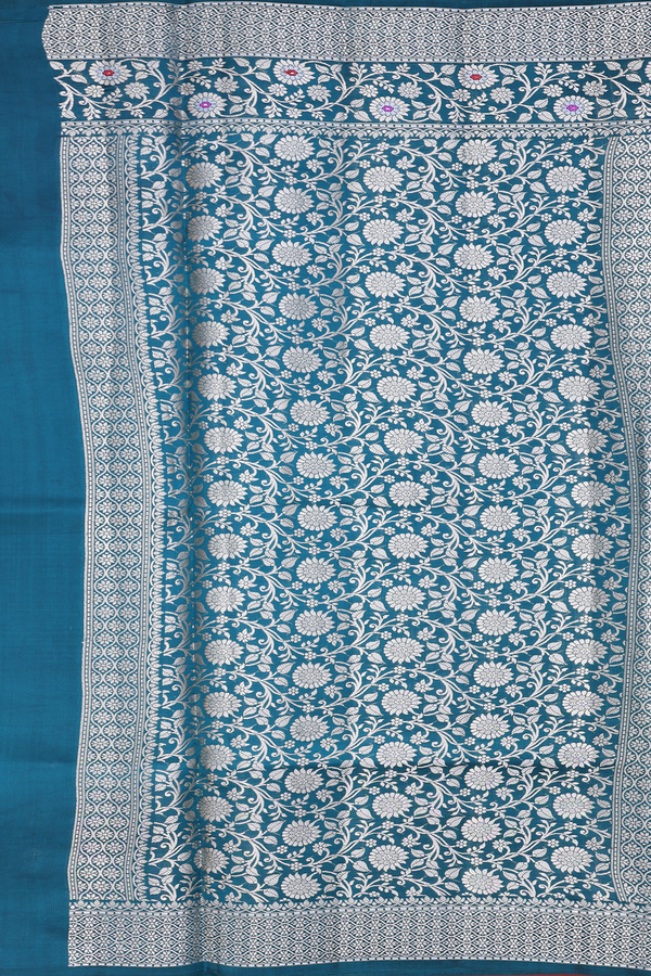Raw Silk Saree In Beach Blue With Floral Buttas