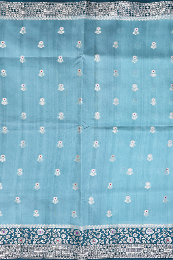Raw Silk Saree In Beach Blue With Floral Buttas