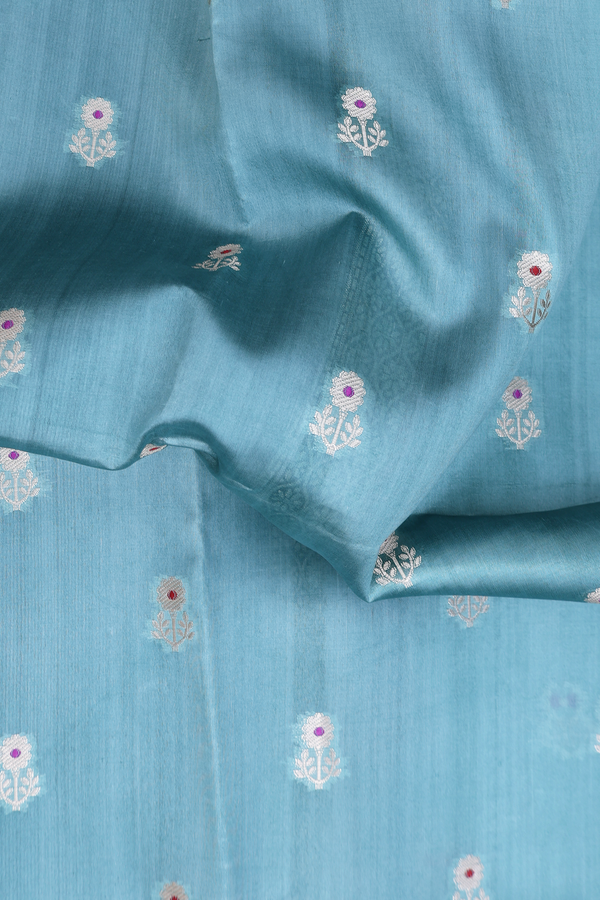 Raw Silk Saree In Beach Blue With Floral Buttas