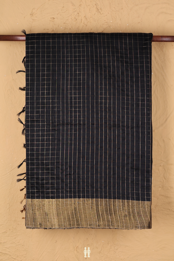 Raw Silk Saree In Black With Checks Design