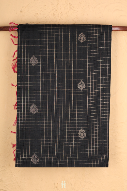 Raw Silk Saree In Black With Checks Design