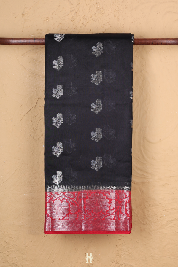 Raw Silk Saree In Black With Floral Buttas