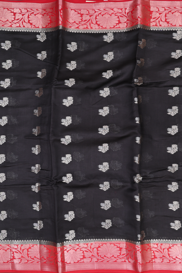 Raw Silk Saree In Black With Floral Buttas