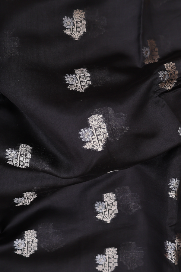 Raw Silk Saree In Black With Floral Buttas
