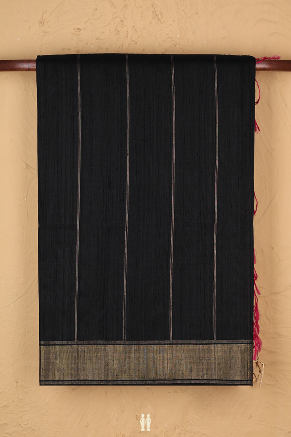 Raw Silk Saree In Black With Stripes Design