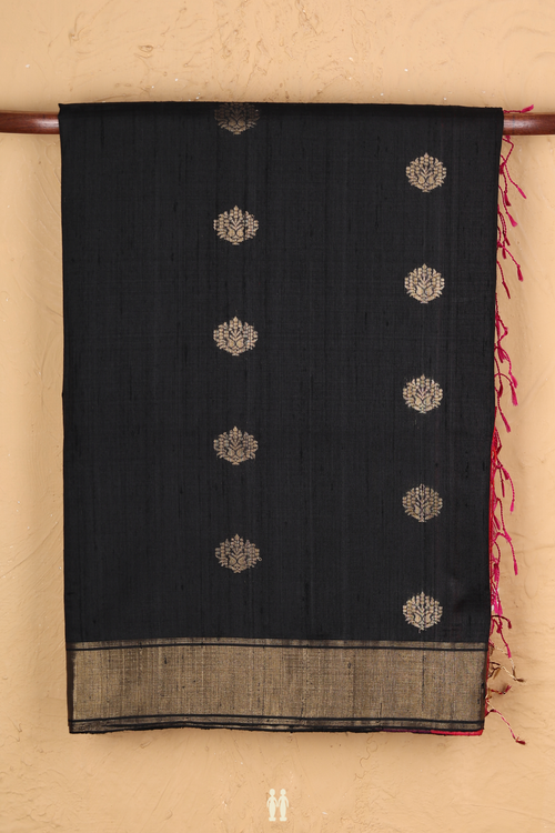 Raw Silk Saree In Black With Zari Buttas