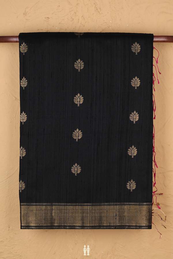 Raw Silk Saree In Black With Zari Buttas