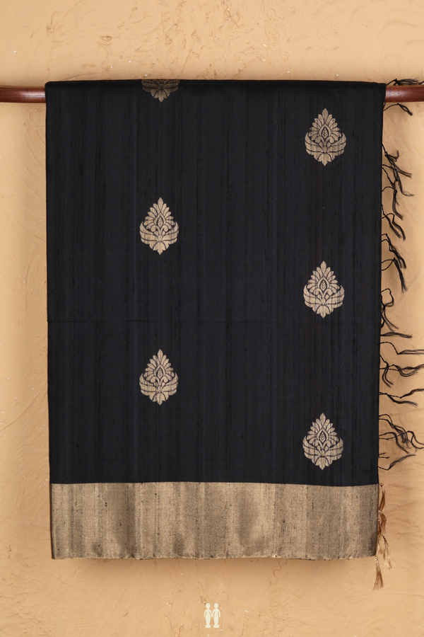Raw Silk Saree In Black With Zari Buttas