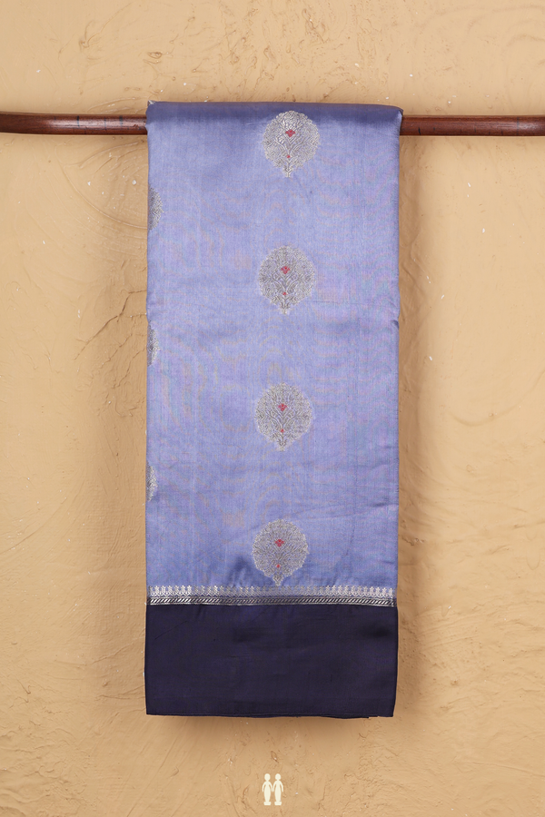 Raw Silk Saree In Misty Blue With Floral Motifs
