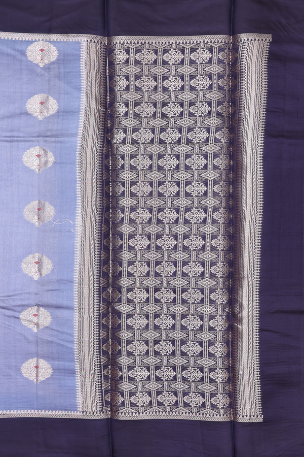 Raw Silk Saree In Misty Blue With Floral Motifs