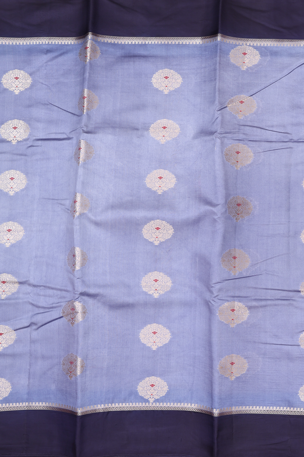 Raw Silk Saree In Misty Blue With Floral Motifs