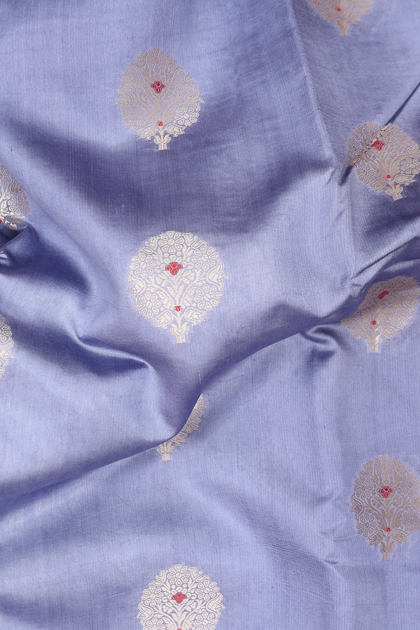 Raw Silk Saree In Misty Blue With Floral Motifs