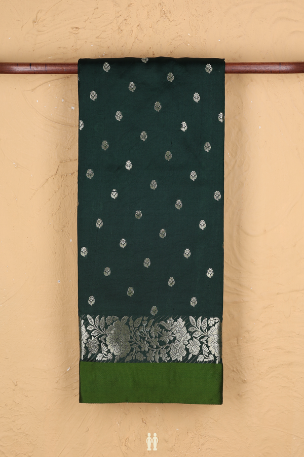 Raw Silk Saree In Bottle Green With Floral Buttas