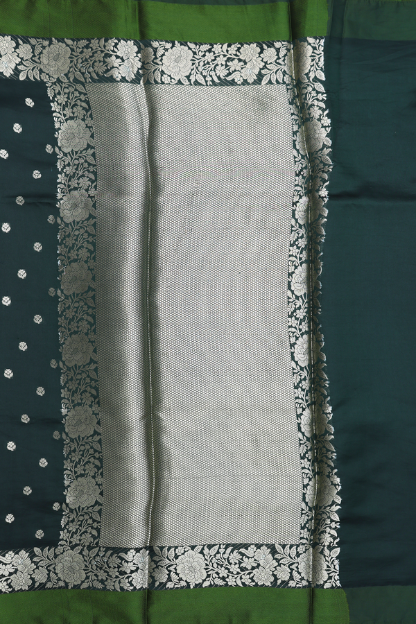 Raw Silk Saree In Bottle Green With Floral Buttas