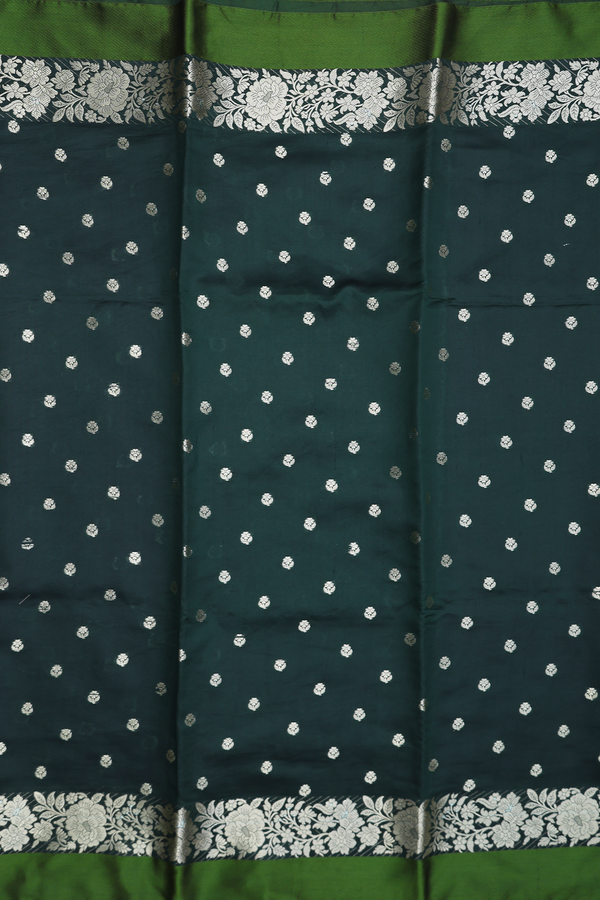 Raw Silk Saree In Bottle Green With Floral Buttas