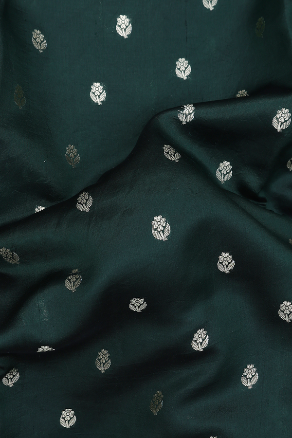 Raw Silk Saree In Bottle Green With Floral Buttas