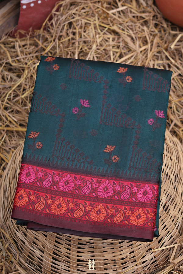 Raw Silk Saree In Bottle Green With Threadwork Design