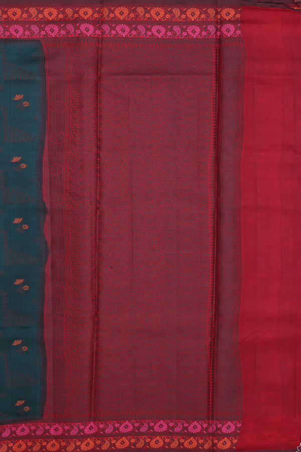 Raw Silk Saree In Bottle Green With Threadwork Design