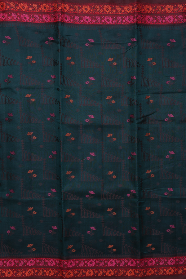 Raw Silk Saree In Bottle Green With Threadwork Design