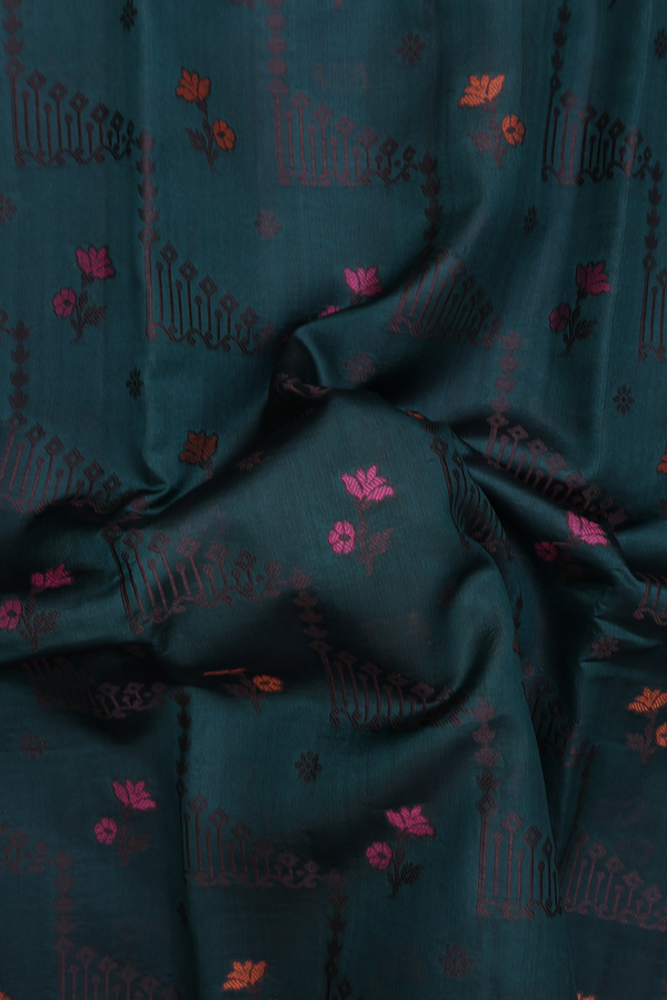 Raw Silk Saree In Bottle Green With Threadwork Design