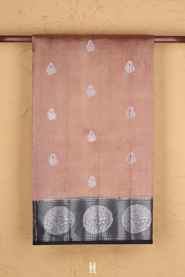 Raw Silk Saree In Brown With Floral Buttas