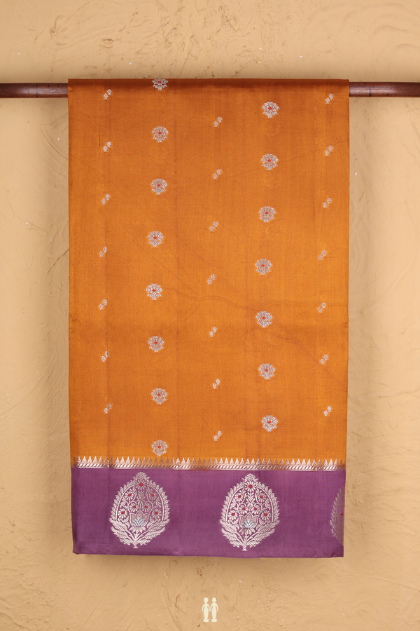 Raw Silk Saree In Brown With Floral Buttas