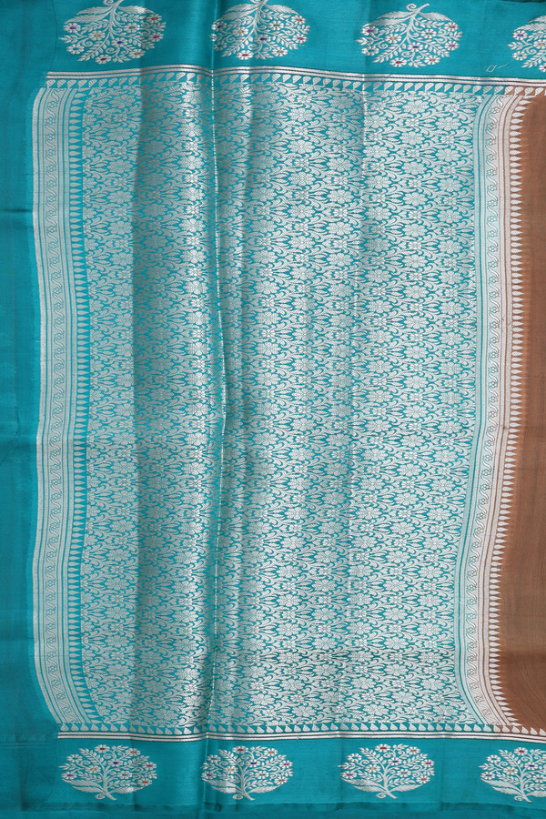 Raw Silk Saree In Caramel Brown With Floral Buttas