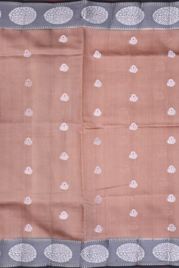 Raw Silk Saree In Brown With Floral Buttas