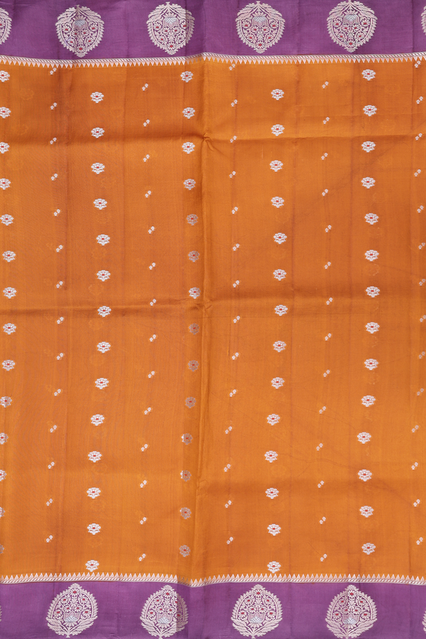 Raw Silk Saree In Brown With Floral Buttas