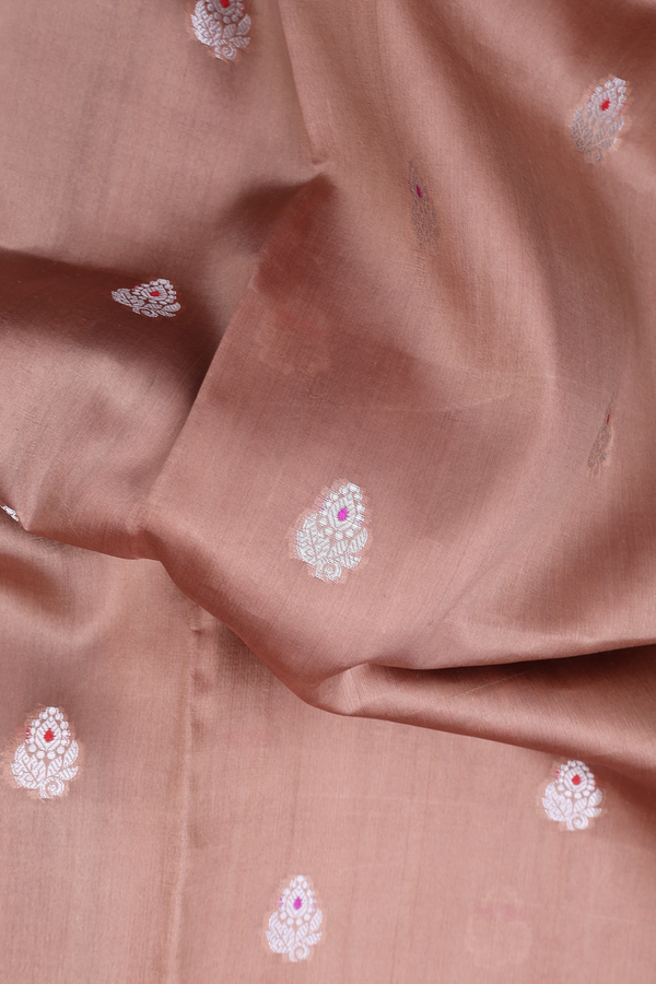 Raw Silk Saree In Brown With Floral Buttas
