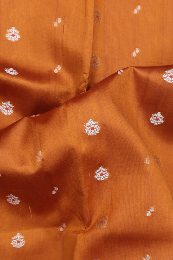 Raw Silk Saree In Brown With Floral Buttas