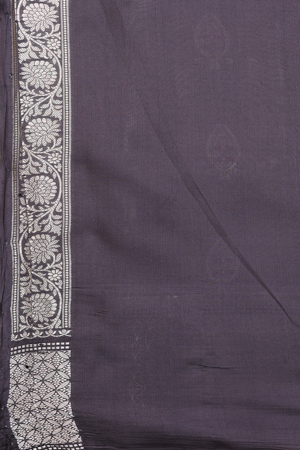 Raw Silk Saree In Brownish Grey With Floral Buttas